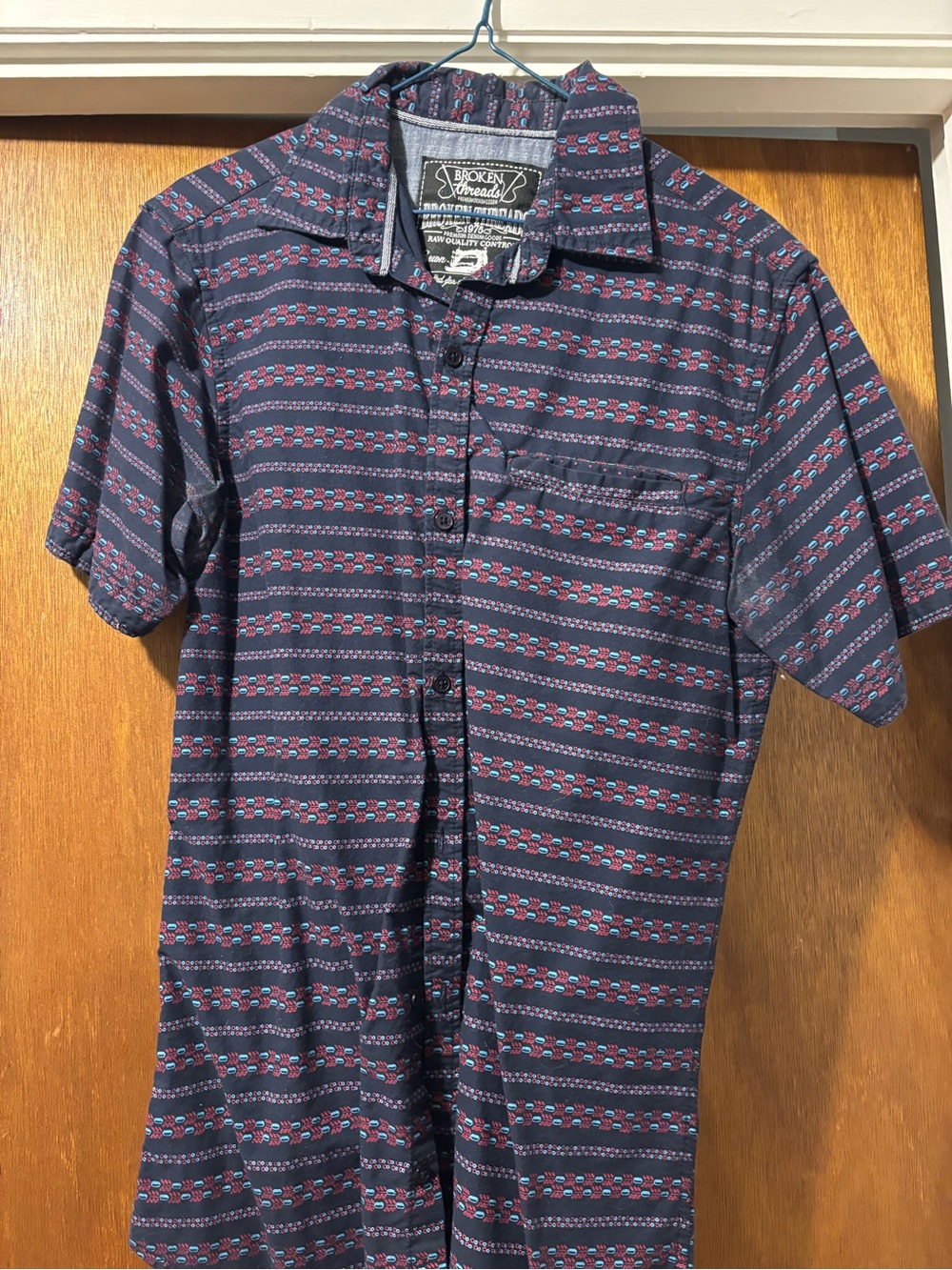 Navy Short-Sleeve Button Shirt with Red & Blue Pattern